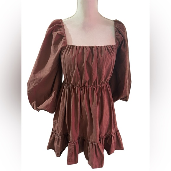 Anthropologie Mare Mare bohemian chocolate Brown Puff Sleeve mini Dress - Picture 4 of 9